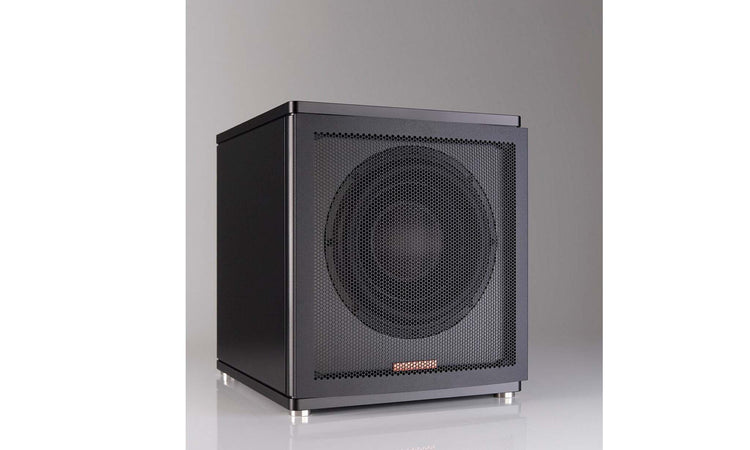 Caisson de basses vue de trois quart avec grille de protection