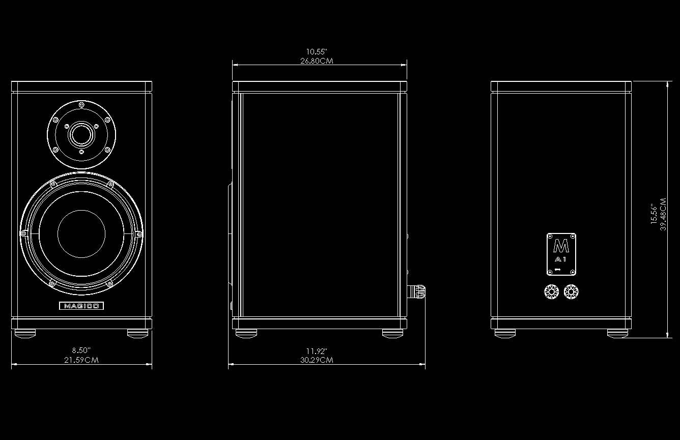 Magico A1 - Enceintes bibliothèque - Vue schéma avec les dimensions