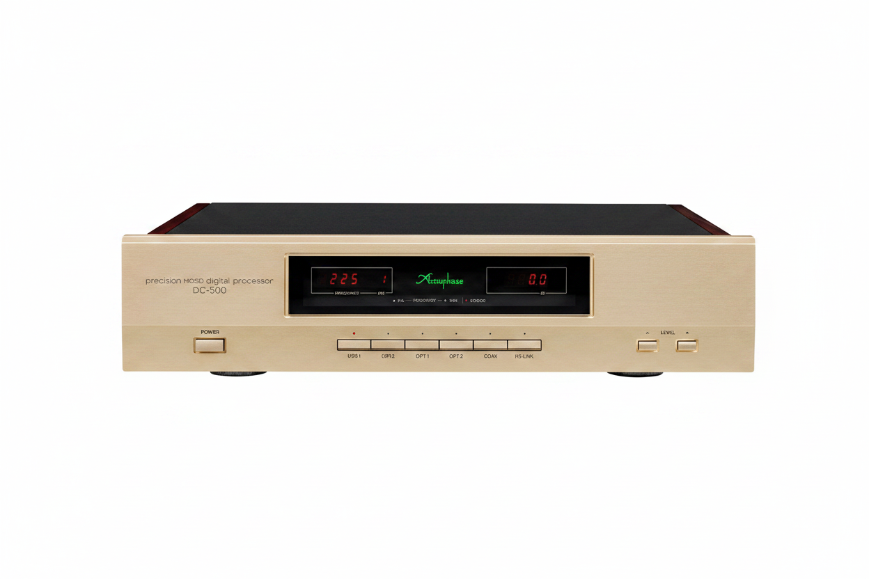 Accuphase DC-500 – Convertisseur DAC haute fidélité, face avant, panneau champagne doré, afficheurs LED