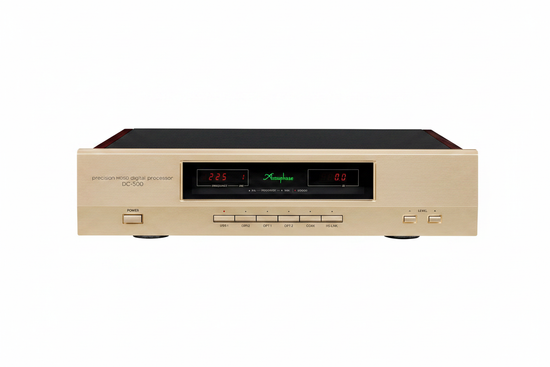 Accuphase DC-500 – Convertisseur DAC haute fidélité, face avant, panneau champagne doré, afficheurs LED