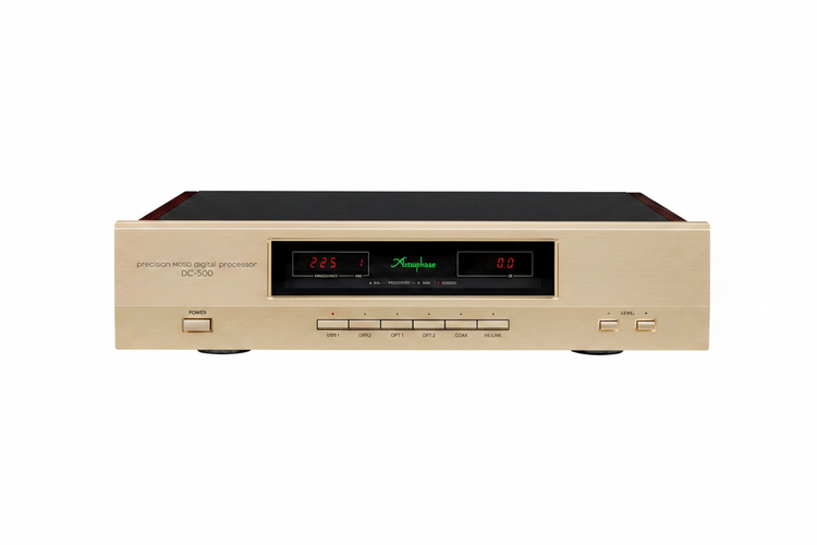 Accuphase DC-500 – Convertisseur DAC haute fidélité, face avant, panneau champagne doré, afficheurs LED