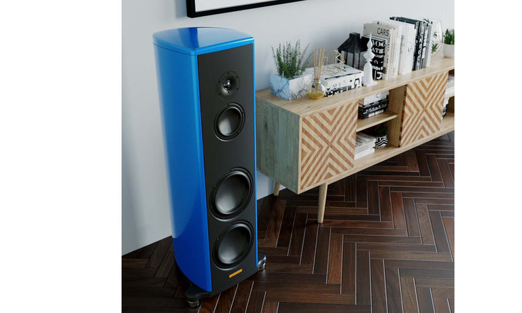 Enceinte colonne Magico S3 bleue près d&