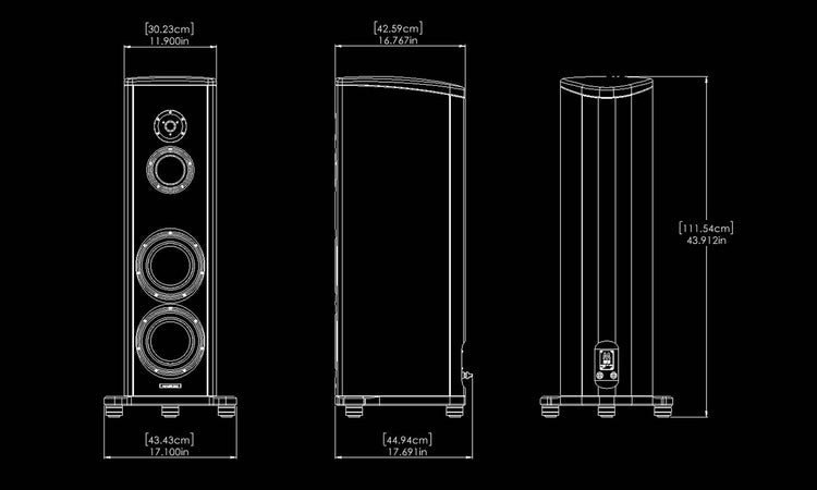 Enceintes colonnes Magico S3-Schéma illustrant 3 faces avec les dimensions.